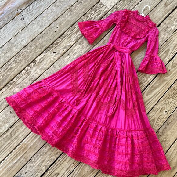 Spectacular vintage Mexican hot pink lace maxi dress high collar XS